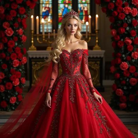 An elegant woman wearing a voluminous and luxurious red dress, adorned with embroidered and shiny details. The dress has long lace sleeves and an off-the-shoulder neckline, with sophisticated floral applications. She has long, voluminous, blonde hair falli...