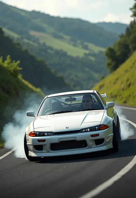  The white Nissan Silvia s13 car drifts on the road & there are green hills  