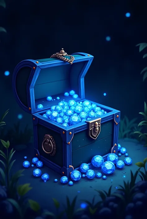  black background ，With bright colors，The background can have a little bit of grass，The area around the treasure chest can be decorated with a little fluorescent blue firefly，Highlight the treasure chest ， There are many jewels in the chest ， to be in the ...