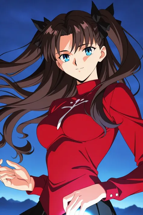 masterpiece, best quality, very aesthetic, 1girl, Tohsaka Rin \(fate/stay night\), newest, highres, absurdres, solo, long hair, blue eyes, black ribbon, brown hair, parted bangs, two side up,hair ribbon, medium breasts, shirt, long sleeves, affectionate, c...