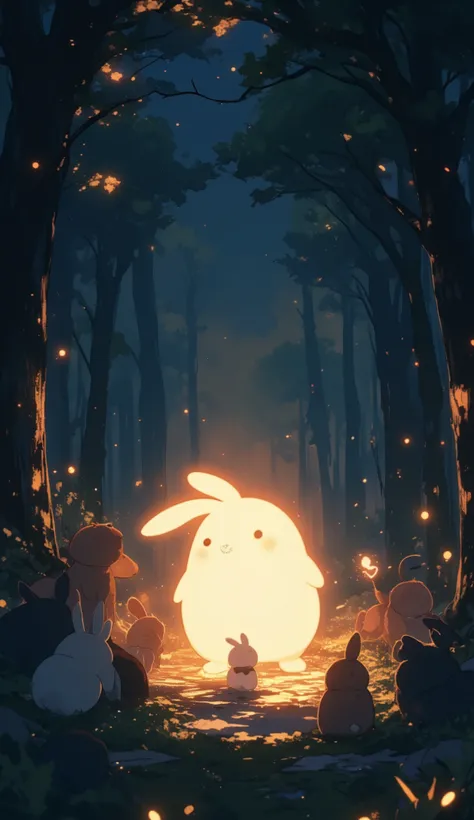 Isekai anime style, warm and inspiring lighting. A glowing white rabbit leading a group of forest animals through the darkness. His soft, moon-like glow brightens the path, casting warm light on their faces. The atmosphere is hopeful and magical, with tiny...