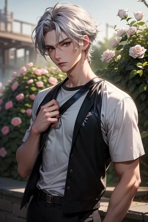 anime boy, handsome face, charming gaze, silver hair, gray eyes, casual clothing style, garden background with roses, (sharp eye details), sharp face details), (body details), (make clear and good images), (make 4k and 8k images), (masterpiece)