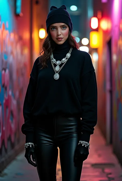 A breathtaking woman radiates unshakable confidence as she stands with poise against the vibrant chaos of graffiti-covered walls, illuminated by the electric glow of city lights. Wrapped in the soft embrace of a puffy-designed turtleneck sweater, she pairs...