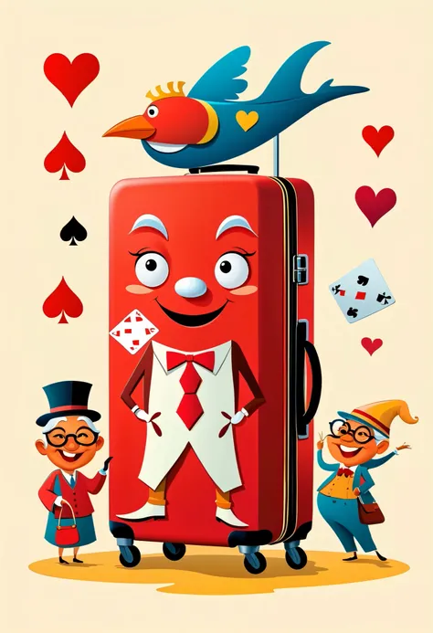Design a unique logo,(Abstract Chinese Grandma and Grandpa ),(An unusually large suitcase in the shape of an anthropomorphic flying playing card:1.7), red peach a,k, happy walking ,Team emblem , simple ,Gradient red,China Senior Travel Group,Design a uniqu...