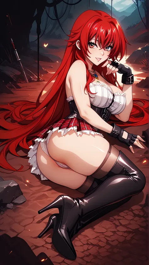   Sexy rias gremory, UHD,  wearing a very sexy corset,  mini skirt with straps,  thigh-high stockings, high heel boots,  fingerless gloves , necklace,  red hair,  long hair,  big breasts, voluptuous, In a reddish wasteland, pose sexy,  of foot, pose sexy, ...