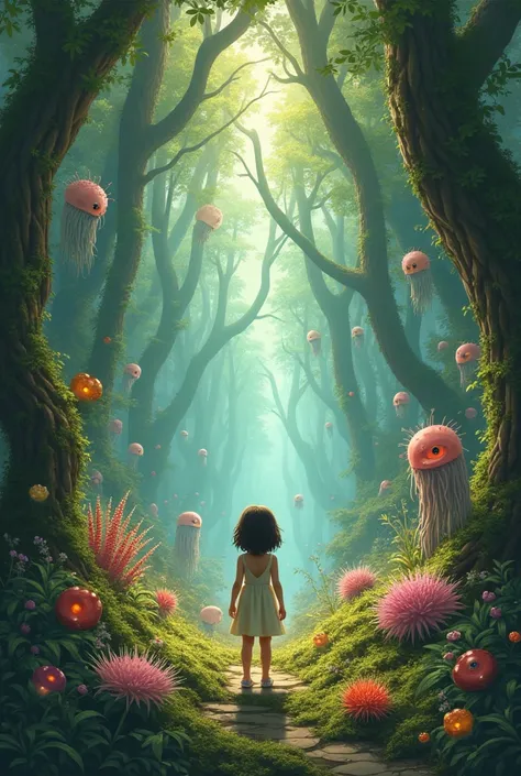 A art piece where a girl is in a big forest and that forest is filled with different types of microorganisms 