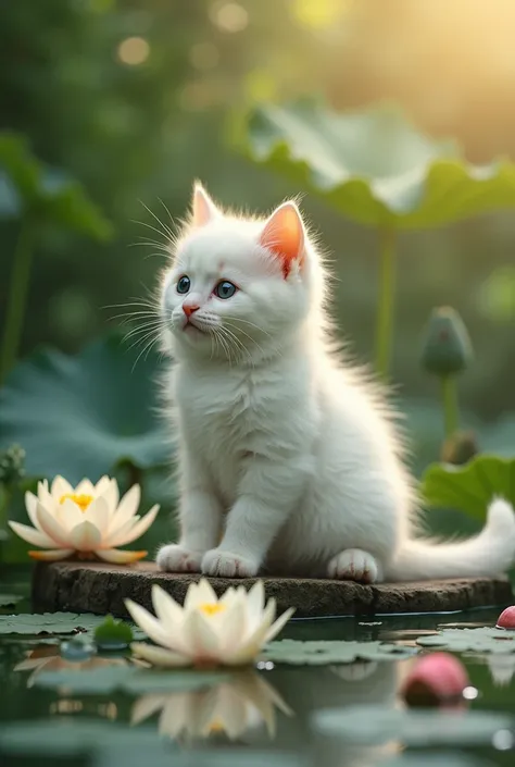   a pond with lots of lotus flowers  、  A cute white kitten's brain is meditating on the lotus flowers floating in the pond、  kittens meditating  、Heaven and earth are self-reliant 、Mysterious sunshine 、 actual 