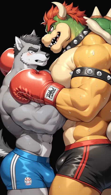 Duo anthro male(anthro Gray Wolf vs Orange Bowser), handsomes(handsome hairstyles, Thick eyebrows, detailed face), [Gray Wolf: Big muscle body, embracing Bowser body], [Bowser: Embracing Gray Wolf around his neck], gay(Cuddling embraced at each other, body...