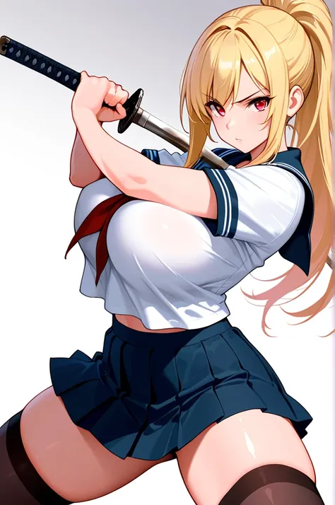 8k,masterpiece, best quality, ultra detailed, high resolution, super fine illustration, 1girl, solo,gal, red eyes, blonde hair, long hair, ponytail, huge breasts, serafuku, miniskirt, thighhighs,battoujyutu stance, holding katana, looking at viewer,