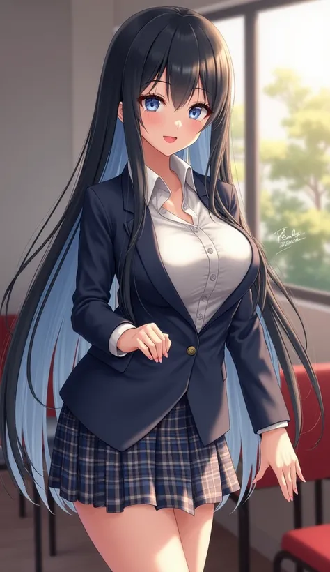   girl,   big breasted,   blazer、  check skirt、  background school 、 One-handed chair  、  long hair,  black hair flower , bangs,  Lantern/  light blue hair ,  smile, Canon,  reverse replacement ,  smiles,  open your mouth slightly, 