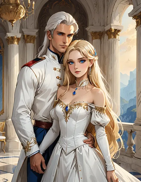 beautiful drawing, long clothes, very handsome manly man, very tall, courageous, athletically built, blue eyes, long straight white hair below the shoulders, long bangs, royal general, long white official clothes, beautiful facial features, stands in a whi...