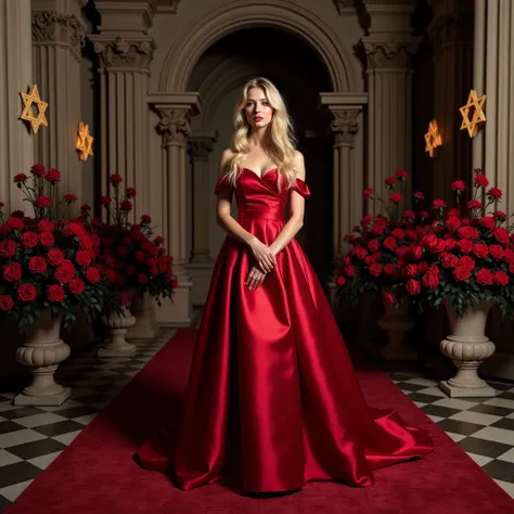 An elegant woman with long, wavy blonde hair, wearing a luxurious red evening dress. The dress is voluminous, with a satin fabric that reflects light softly, and has an off-the-shoulder neckline, highlighting your sophisticated posture. She is standing, wi...