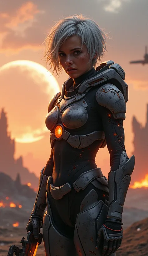 1girl, futuristic female soldier, wearing damaged battle armor with scorch marks and glowing orange cracks, holding a broken energy sword, short messy silver hair with dirt and sweat, exhausted but defiant expression, standing on a desolate alien planet wi...