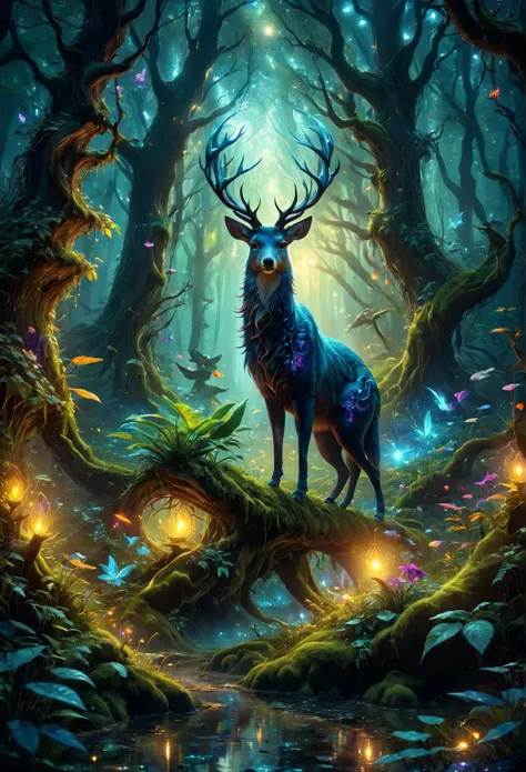 A mysterious  Magic Forest ,  Fantastic animals living in the forest , Fantastic animals ,  Magical World, Mysterious Creatures, Strange Creatures, Fantastical colors,  Magic Forest , Fantasy elements, Fantasy elements,  The forest is full of magic ,  give...