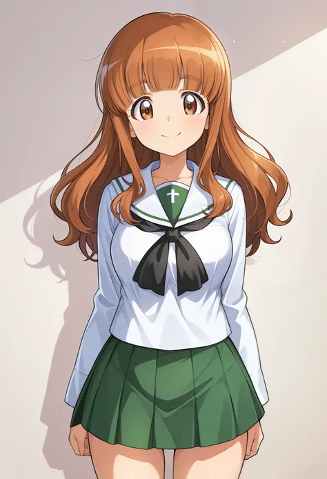 high res,  top quality,  Super Quality  , Takebe Saori Pri 、Zuskirt,Absolute reference to center、 shot from the front 、smile,  beautiful brown eyes, Attractive brown eyes、 orange beautiful hair、Uniform up、 ( Oarai school uniform :1.3),White sailor collar,...
