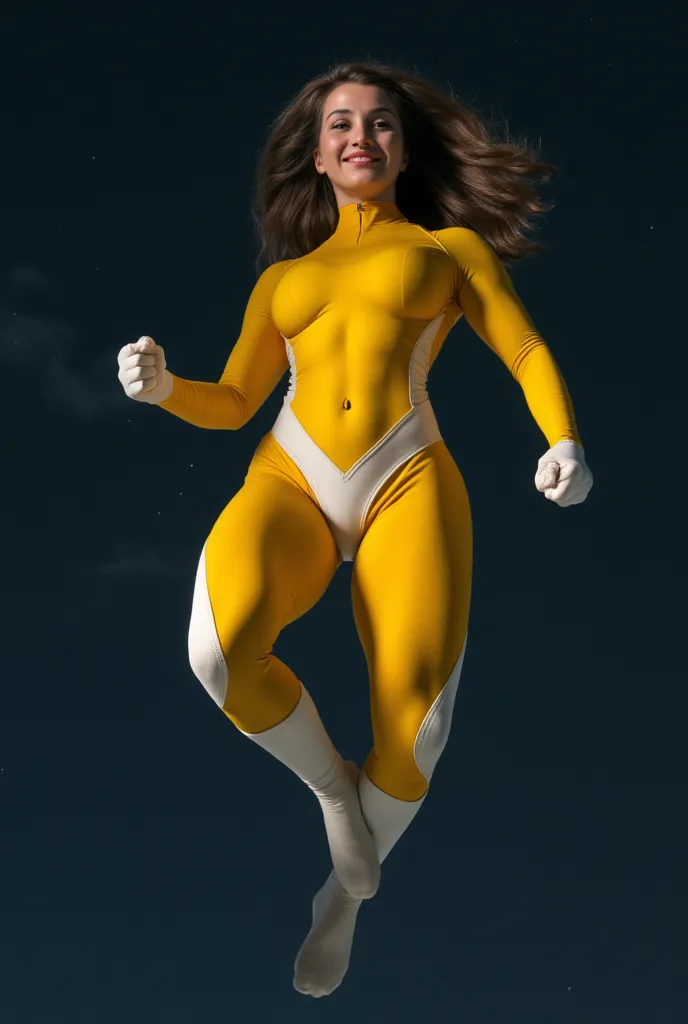 detailed photo of a superhero in tight yellow superhero costume flying through the air, gorgeous smirking face, superhero tights, white superhero costume, she has a perfect body, mid-air action shot, mid body shot, yellow and white costume color palette, g...