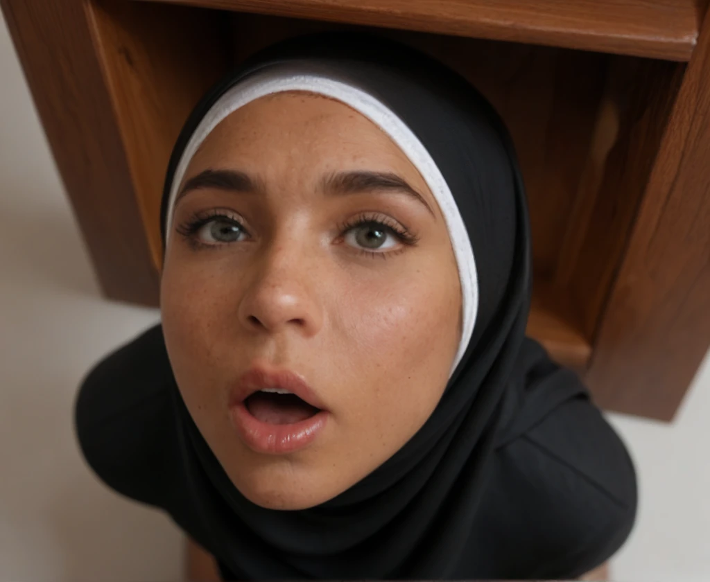 Muslim,  in hijab,   Kneels down,  looking up,  Frame from above,  STUCK OUT  ,  eyes rolled back ,  on the face of bliss