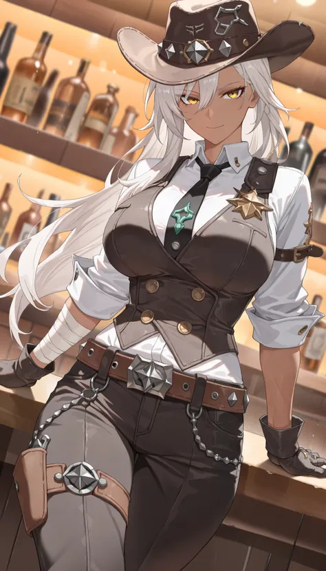 (best quality:1.3), (masterpiece:1.3), (illustration:1.3), (ultra-detailed:1.3), absurdres, 1girl, white_hair, large_breasts, dark-skinned_female, yellow_eyes, long_hair, necktie, high_collar, white_shirt, black_vest, pouches, black_pants, tsurime, belt_bu...