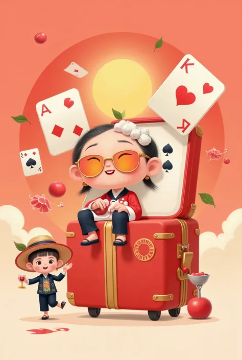by Daniel Arsham,Design a unique logo,(Abstract Chinese Grandma and Grandpa ),(An unusually large suitcase in the shape of an anthropomorphic flying playing card:1.7), red peach a,k, happy walking , simple ,Gradient red,China Senior Travel Group,(Chinese g...