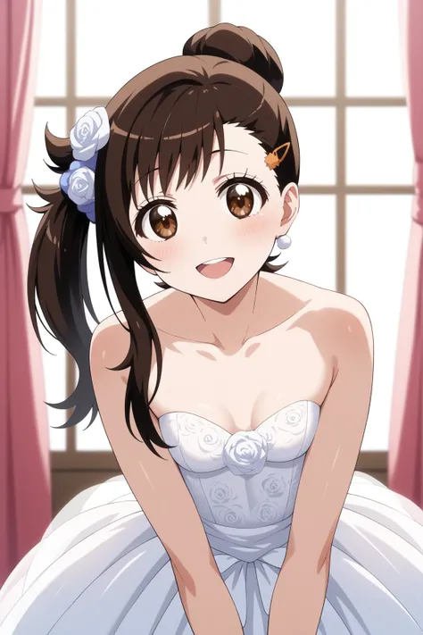 masterpiece,best quality,{{detailed beautiful face and eyes}}, very detailed background,
Haru Onodera,{{{megami magazine}}},long hair,brown hair,black hair,side ponytail,hair ornament,scrunchie,hairclip,brown eyes,small breasts,
1girl,hairstyle: (wedding b...