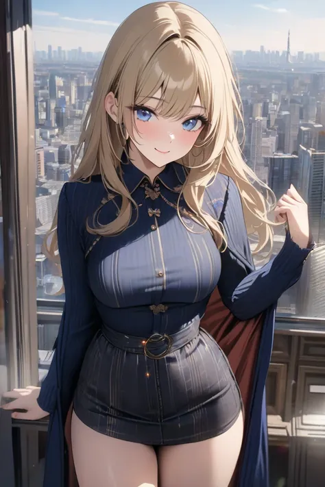 top quality, masterpiece,  high res, 8k, (1 girl), Alone, (((cowboy shot))),   blond and blue eyed, Russian beautiful girl, Akihabara cityscape, smile