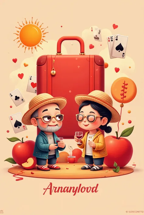 by Daniel Arsham，Design a unique logo，(Abstract Chinese Grandma and Grandpa ),(An unusually large suitcase in the shape of an anthropomorphic flying playing card:1.7)， red peach a,k, happy walking ， simple ，Gradient red，China Senior Travel Group，(Chinese g...