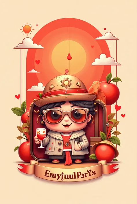 by Daniel Arsham，Design a unique logo，(Abstract Chinese Grandma and Grandpa ),(An unusually large suitcase in the shape of an anthropomorphic flying playing card:1.7)， red peach a,k, happy walking ， simple ，Gradient red，China Senior Travel Group，(Chinese g...