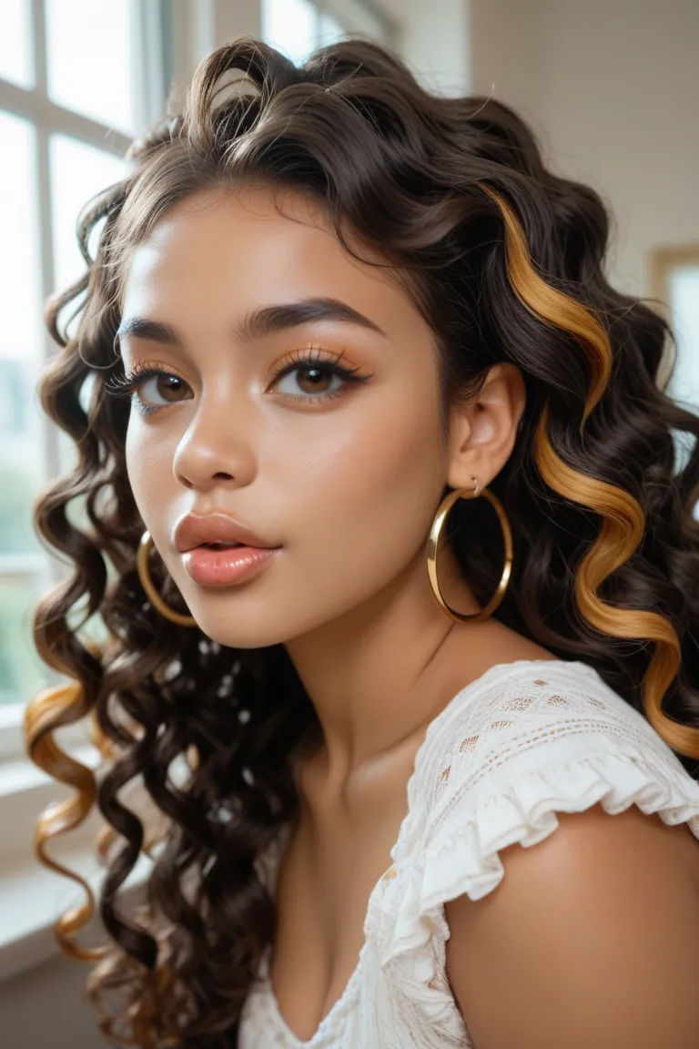 Very young young face really cute Latina schoolgirl elementary light skin long really thick hair seductive hairstyles highlights really long really curly very wavy thick long curly wavy layers hair eyelash extensions juicy lips petite body thick voluptuous...