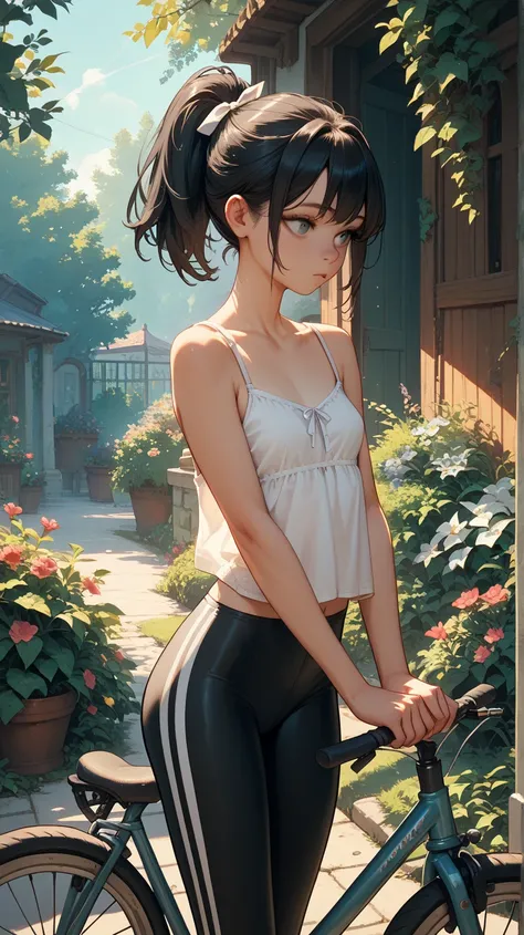   beautiful girl　     black hair　   ponytail　  white ribbon scrunchies　   small breasts　 Slender　black leggings for bicycles　 white camisole　garden