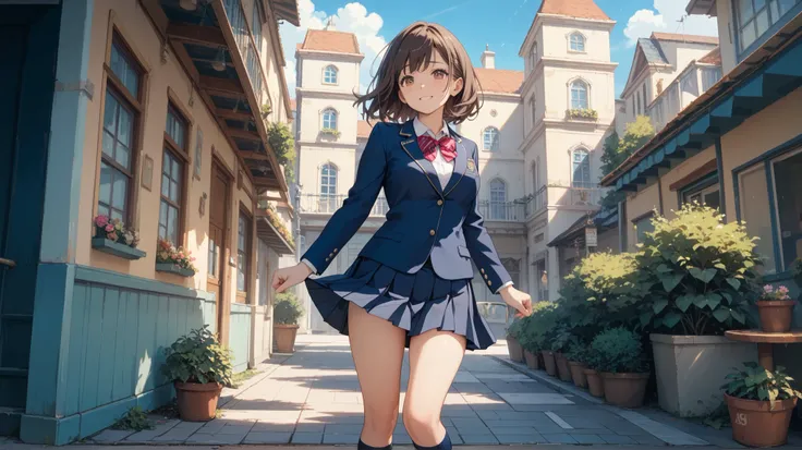 (((Top Quality))), (((Masterpiece))), (((Details))), One girl, standing in front of an apartment, legs wide open, cute, (embarrassed face:0.5), brown eyes, medium sized breasts, dark brown medium hair, dark blue blazer school uniform, dark blue pleated ski...