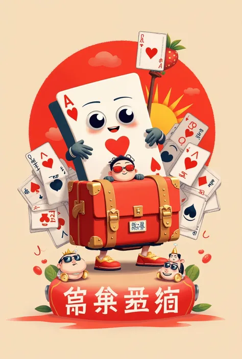 by Daniel Arsham,Design a unique logo,(An unusually large suitcase in the shape of an anthropomorphic flying playing card:1.7), red peach a,k, happy walking ,(Chinese grandma and grandpa wear sunglasses with cartoon sun faces and poker cards hidden in the ...