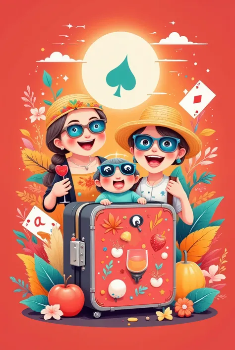 by Daniel Arsham,Design a unique logo,(Abstract Chinese Grandma and Grandpa ),(An unusually large suitcase in the shape of an anthropomorphic flying playing card:1.7), red peach a,k, happy walking , simple ,Gradient red,China Senior Travel Group,(Chinese g...