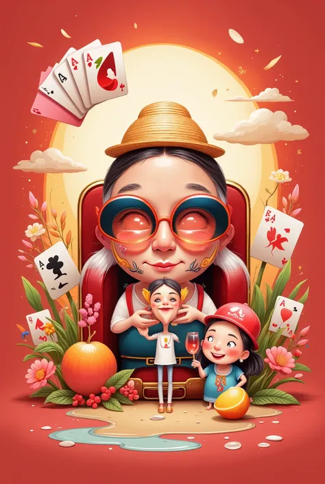 by Daniel Arsham,Design a unique logo,(Abstract Chinese Grandma and Grandpa ),(An unusually large suitcase in the shape of an anthropomorphic flying playing card:1.7), red peach a,k, happy walking , simple ,Gradient red,China Senior Travel Group,(Chinese g...