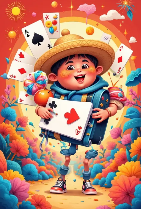 in style of Hip Hop fashion design , Design a unique logo,(An unusually large suitcase in the shape of an anthropomorphic flying playing card:1.7), red peach a,k, happy walking ,(Chinese grandma and grandpa wear sunglasses with cartoon sun faces and poker ...