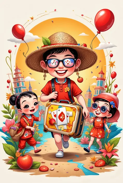 in style of Hip Hop fashion design , Design a unique logo,(An unusually large suitcase in the shape of an anthropomorphic flying playing card:1.7), red peach a,k, happy walking ,(Chinese grandma and grandpa wear sunglasses with cartoon sun faces and poker ...