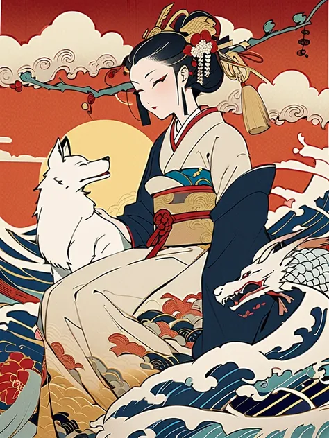  ukiyo-e、 Japanese Dragons and Magatama,insufficient々White Fox、 Mysterious Goddesses 、 ukiyo-e,  Golden Cloud 、