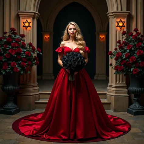 An elegant woman with long, wavy blonde hair, wearing a luxurious red evening dress. The dress is voluminous, with a satin fabric that reflects light softly, and has an off-the-shoulder neckline, highlighting your sophisticated posture. She holds a lush bo...