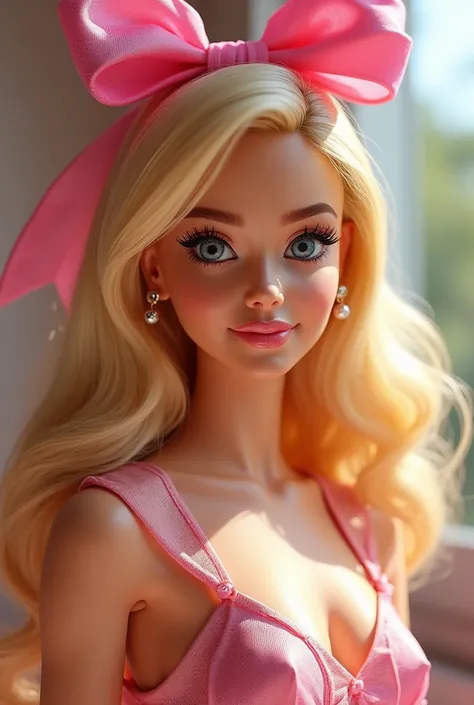  movie scene,, Margot Robbie as Barbie,( photorealistic:1.4), Shallow focus , establishing a general plane , a girl, Alone ,  pretty face, (blush,shy:1.3), long eyelashes, ( long and soft light yellow hair :1.2), ( touched with huge pink ribbon :1.3),  car...