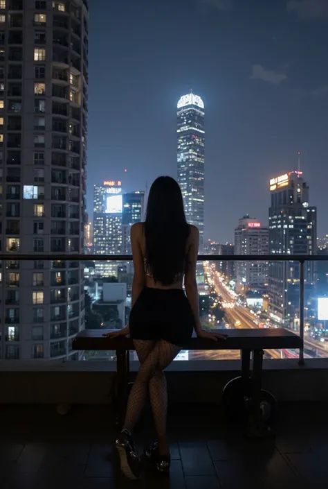  1girl , High Resolution, sitting on a bench  ,Stylish wheel ,long black hair ,night view  , is above the apartment ,rear view of skyscraper hotel, 