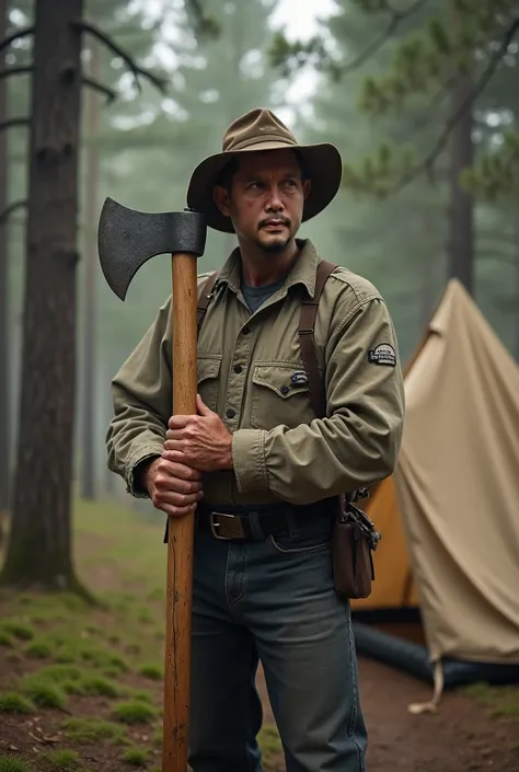 A man in a camping hat stands holding an axe, with a beige scout tent in the background, amidst a shady pine forest.