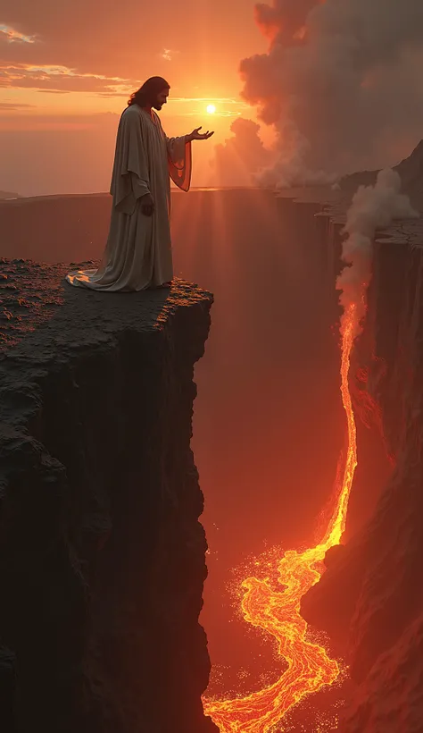 Hyper-realistic image of Jesus and the devil, The two are standing on the edge of a volcanic crater. Lava is bubbling down. The devil has a  in his hands and holds it over the abyss 