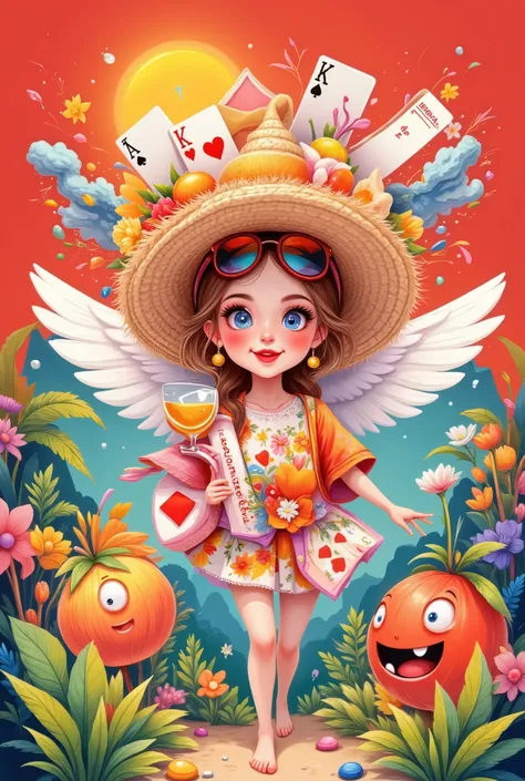 in style of Hip Hop fashion design ,The roboto character designs a unique logo ,(An unusually large suitcase in the shape of an anthropomorphic flying playing card:1.7), red peach a,k, happy walking ,, a cartoon sun face wearing sunglasses, conceals poker ...
