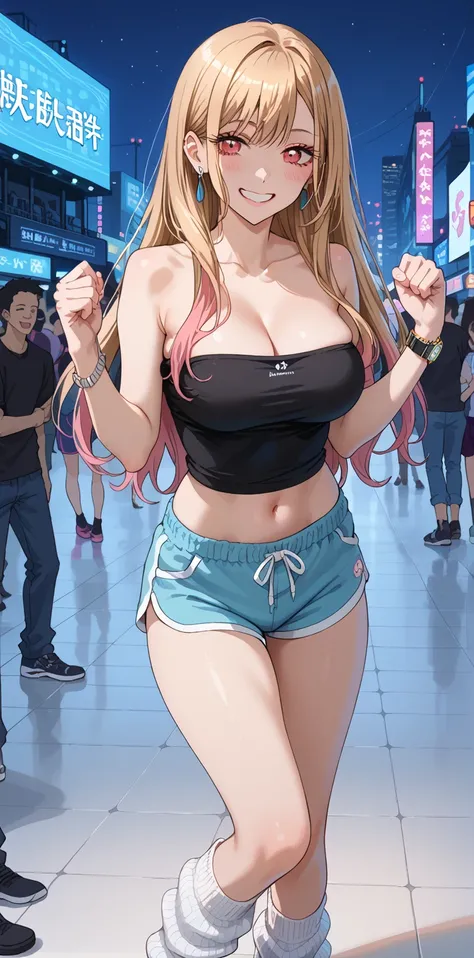  girl,  fit girl, KJOmarin,  blonde hair,  long hair,  pink eye,  earrings,  ear piercing,  multicolored hair,  score_9,  score_8_up,  score_7_up,  source_Anime,  masterpiece, top quality, Big Breasts, Fancy fixes, black tube top,  white dolphin shorts , b...