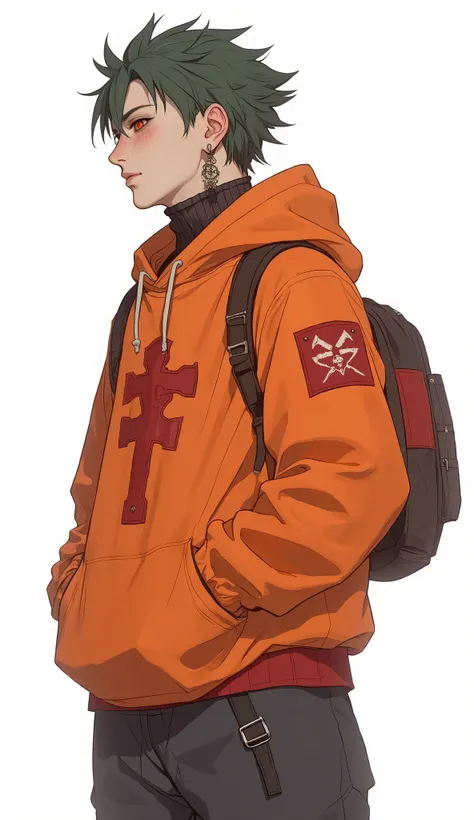  anime character holding an orange hoodie and backpack in front of a white background,  Genzoman ,  Joker as Naruto ,  anime cover , naruto  Uzumaki,  Uzumaki,  kashart kentz ,  animated art with beautiful details ,  Naruto art style ,  pretty detailed ani...