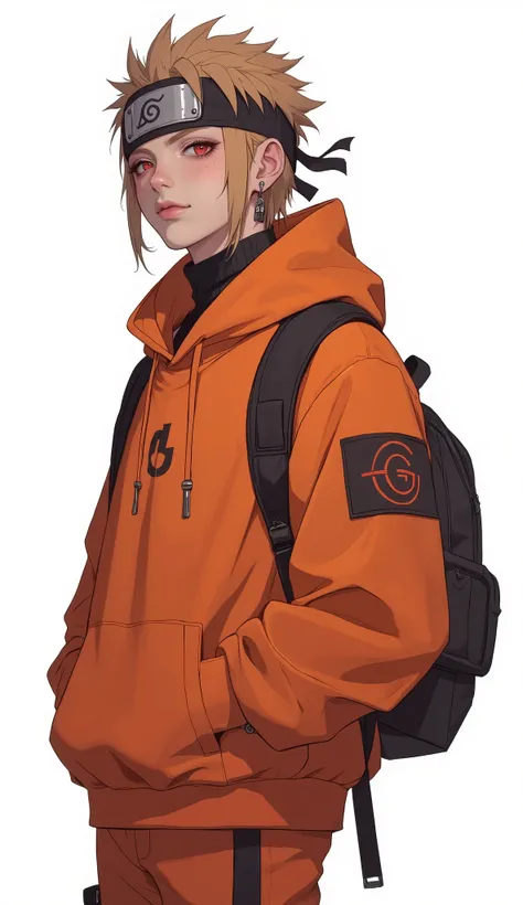  anime character holding an orange hoodie and backpack in front of a white background,  Genzoman ,  Joker as Naruto ,  anime cover , naruto  Uzumaki,  Uzumaki,  kashart kentz ,  animated art with beautiful details ,  Naruto art style ,  pretty detailed ani...