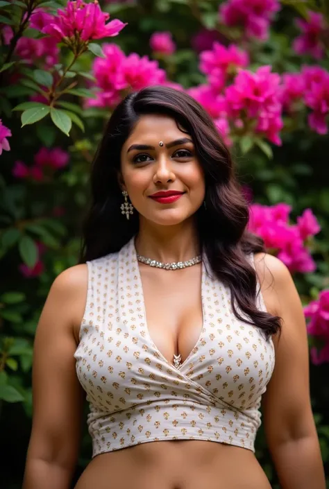 full-body photo of indian women, curvy, hourglass figure, deep neck polka blouse, belly button,  seductive pose, wavy hair, necklace,  red lips, nosering on one side of nose, jhumka, lush garden setting with vibrant pink and magenta bougainvillea flowers i...