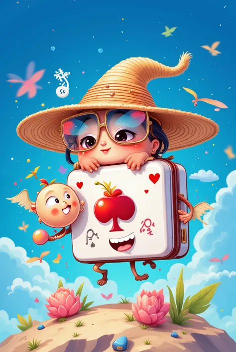 in style of Hip Hop fashion design ,The roboto character designs a unique logo ,(An unusually large suitcase in the shape of an anthropomorphic flying playing card:1.7), red peach a,k, happy walking ,, a cartoon sun face wearing sunglasses, conceals poker ...
