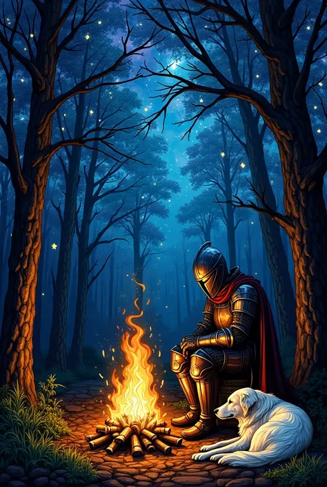 A stained glass artwork in the style of an Orthodox Catholic church, depicting a medieval dark fantasy knight in full armor, including a helmet, sitting beside a crackling campfire in the middle of a dense forest. His loyal white dog lies peacefully at his...