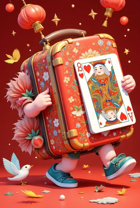 in style of Hip Hop fashion design , Design a unique logo,(An unusually large suitcase in the shape of an anthropomorphic flying playing card:1.7), red peach a,k, happy walking ,China Senior Travel Group,,Chinese red , cloisonne