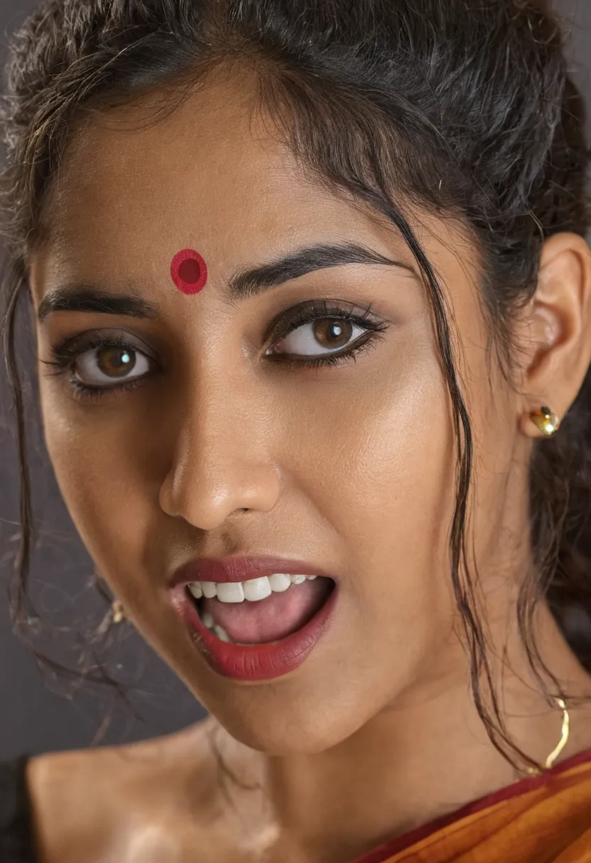 Ultra detailed photo of telugu woman, beautiful girl, highest quality realistic skin, eyes in focus, 40 years old, focus on mouth, open mouth, saliva, open mouth wide, inside of mouth visible, ponytail hair, mouth open wide, uvula visible, mouth open wide ...